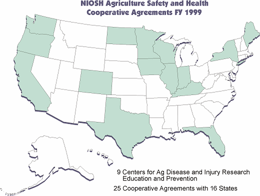 NIOSH Agriculture Safety and Health Cooperative Agreements FY 1999 map