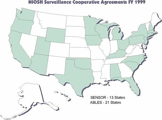 NIOSH Surveillance Cooperative Agreements FY 1999 map