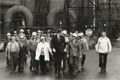 Senator Rockefeller with workers at the Wheeling-Pitt plant.