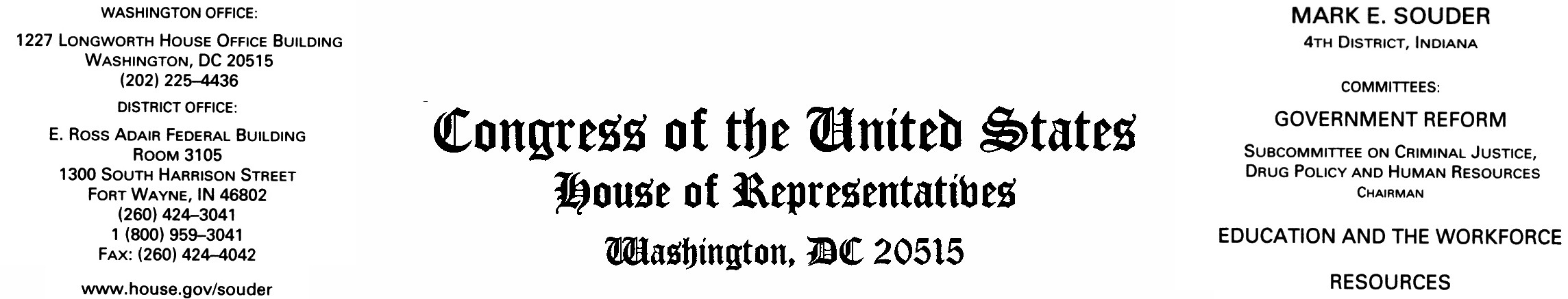 Congressman Souder's letterhead