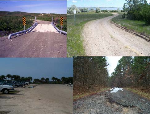 A collage of four images showing a new concrete bridge, a gravel road with ruts, a parking lot, and a paved road that is breaking up.